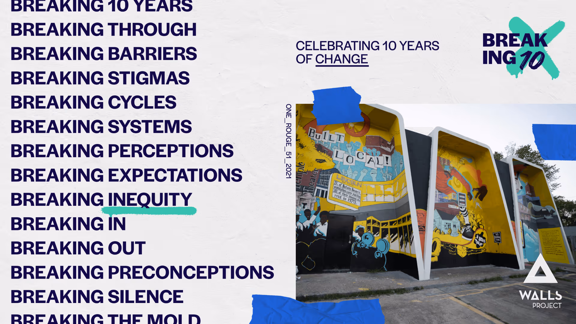 Wall mural with colorful artwork and a list of phrases starting with 'BREAKING' celebrating 10 years of change by Walls Project.