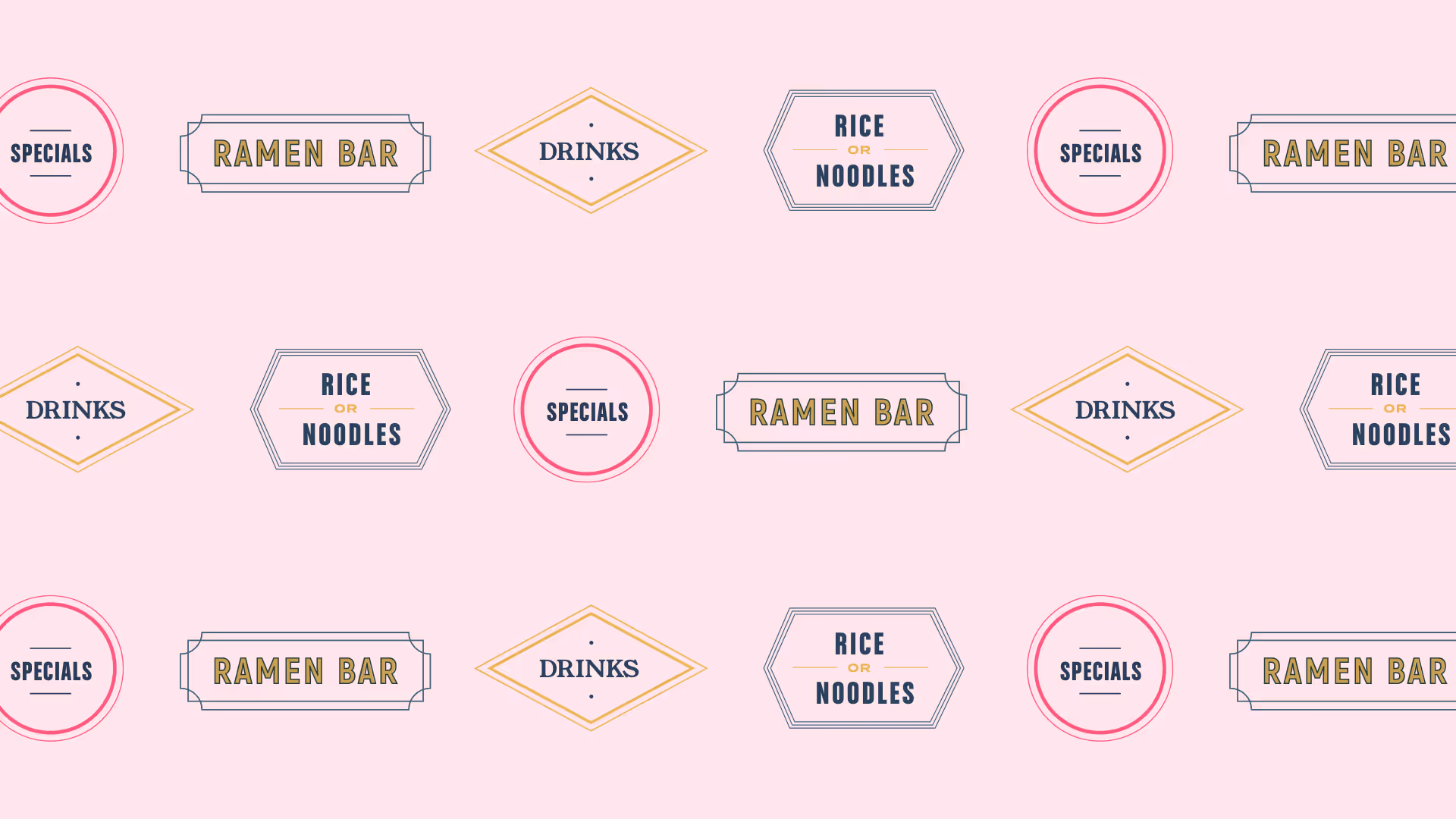 Pattern of labels on pink background reading Specials, Ramen Bar, Drinks, and Rice or Noodles in a repeated layout.