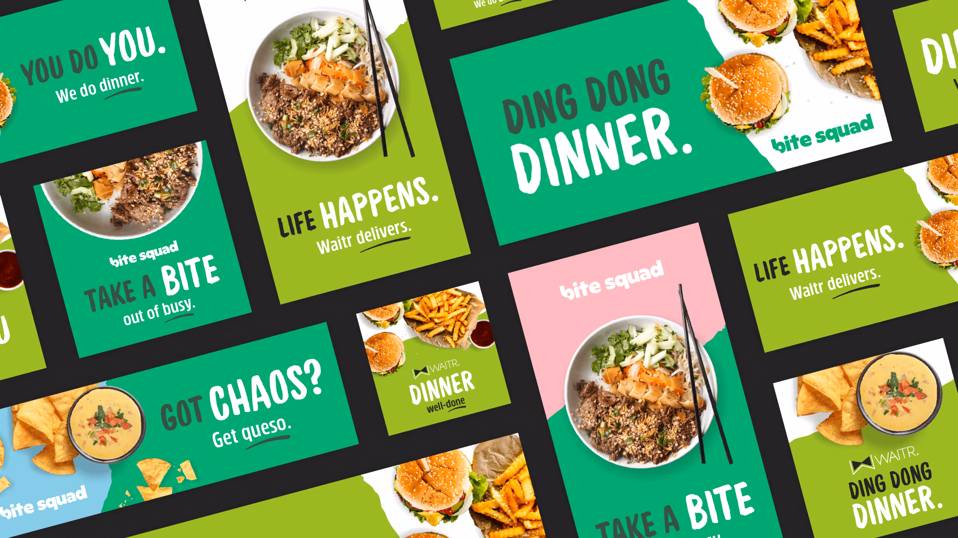 Collage of Bite Squad and Waitr food delivery ads featuring burgers, fries, queso, and rice bowls with slogans about dinner and convenience.