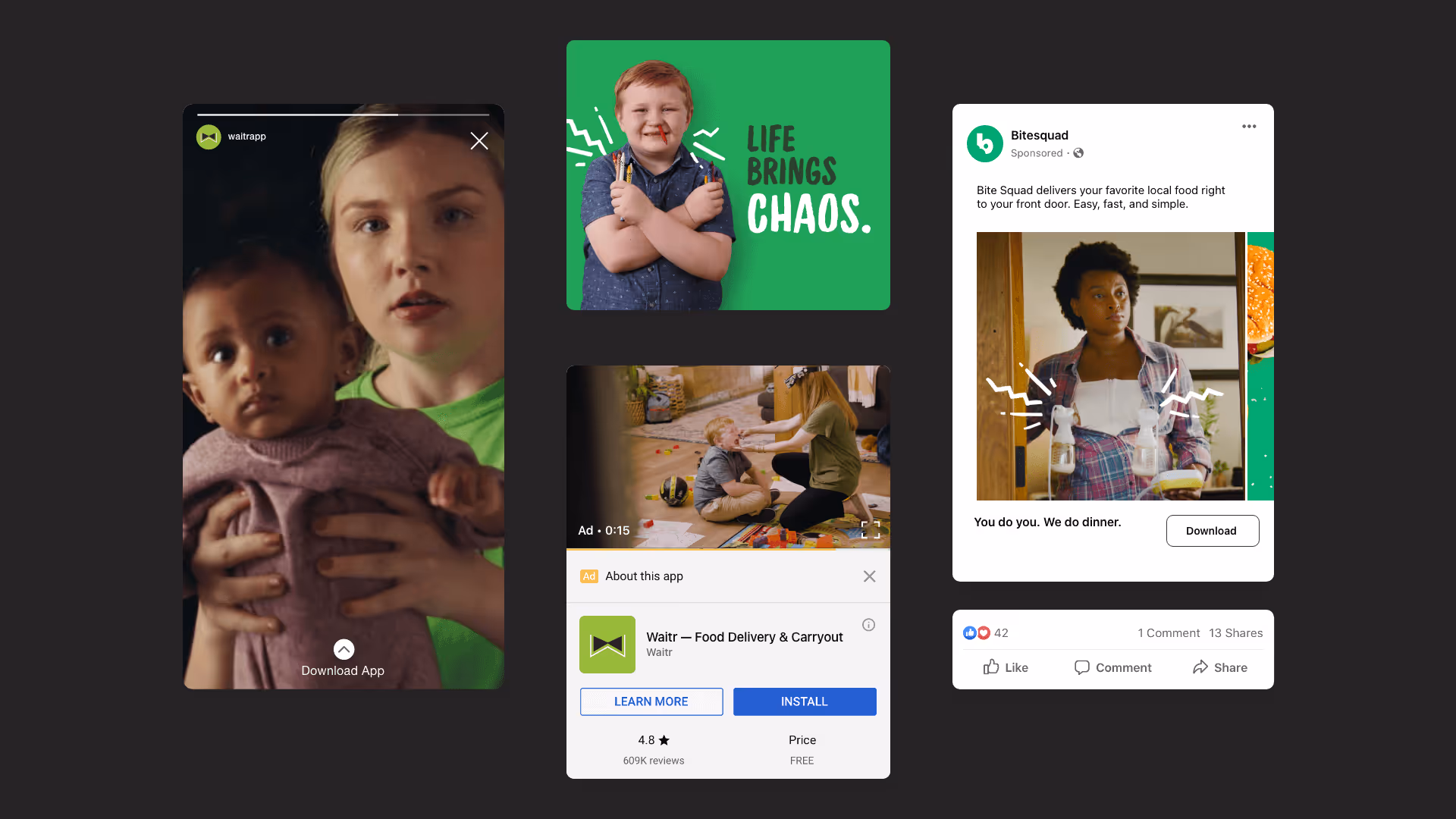 Collage of food delivery and parenting-related ads showing a woman holding a baby, a boy holding crayons with text Life Brings Chaos, a child and adult playing in a living room, and a pregnant woman with milk bottles strapped to her chest.
