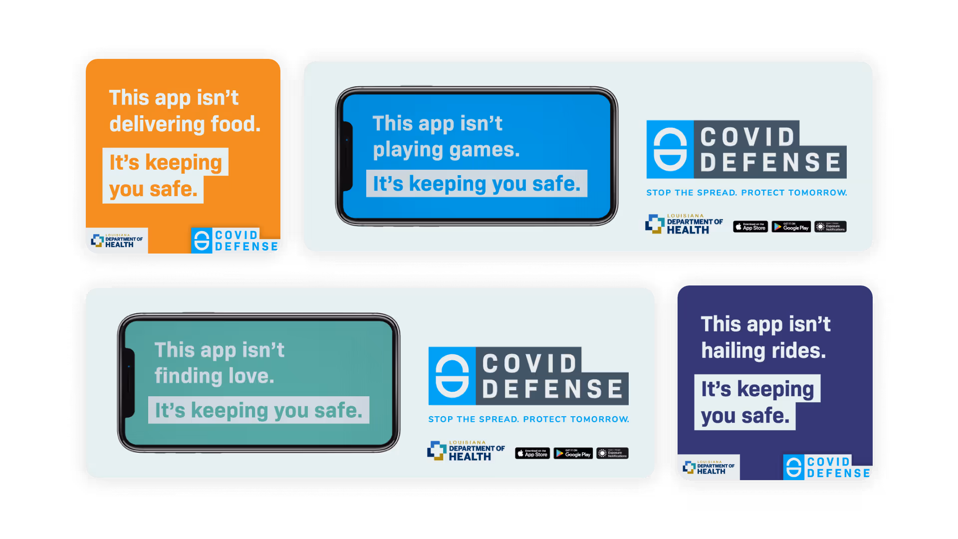 Collage of four public health ads promoting the COVID Defense app by Louisiana Department of Health, each with a phone screen and phrases emphasizing safety: delivering food, playing games, finding love, and hailing rides, all stating 'It’s keeping you safe.'