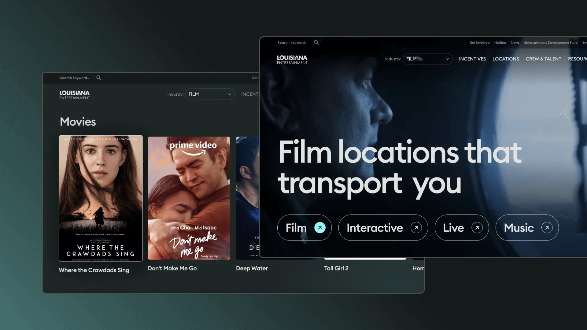 Website screenshots showcasing Louisiana Entertainment's film section with movie posters and a banner reading 'Film locations that transport you.'