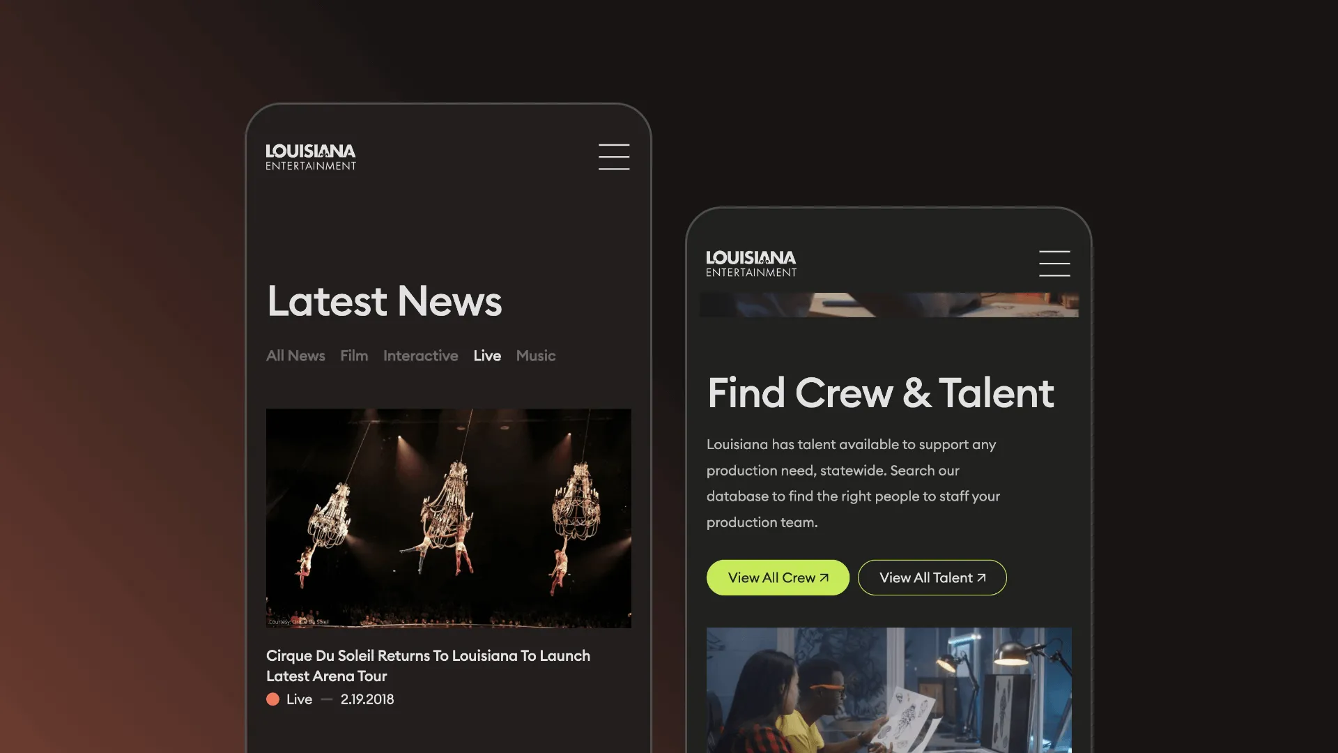Two mobile screens of Louisiana Entertainment website showing Latest News with Cirque Du Soleil live event and Find Crew & Talent section with buttons to view all crew and talent.