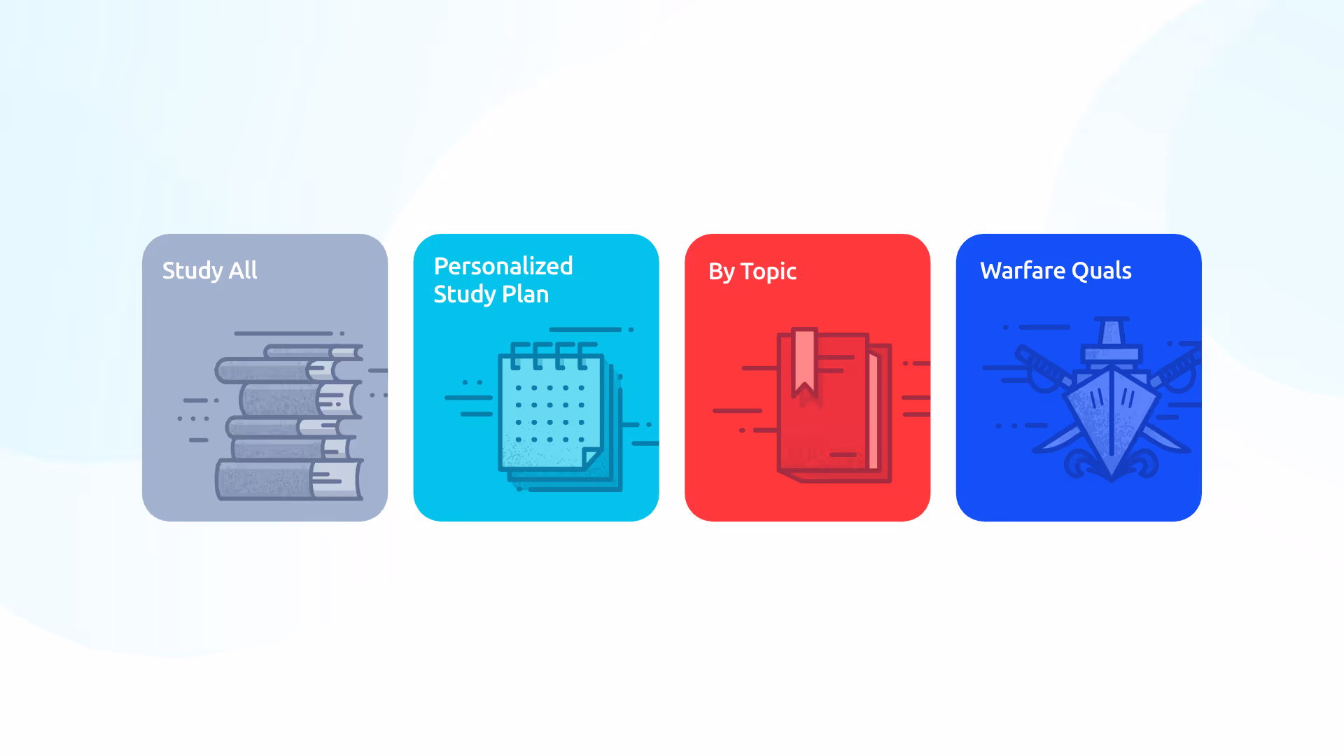 Four colored blocks labeled Study All with stacked books icon, Personalized Study Plan with calendar icon, By Topic with book icon, and Warfare Quals with ship and swords icon.