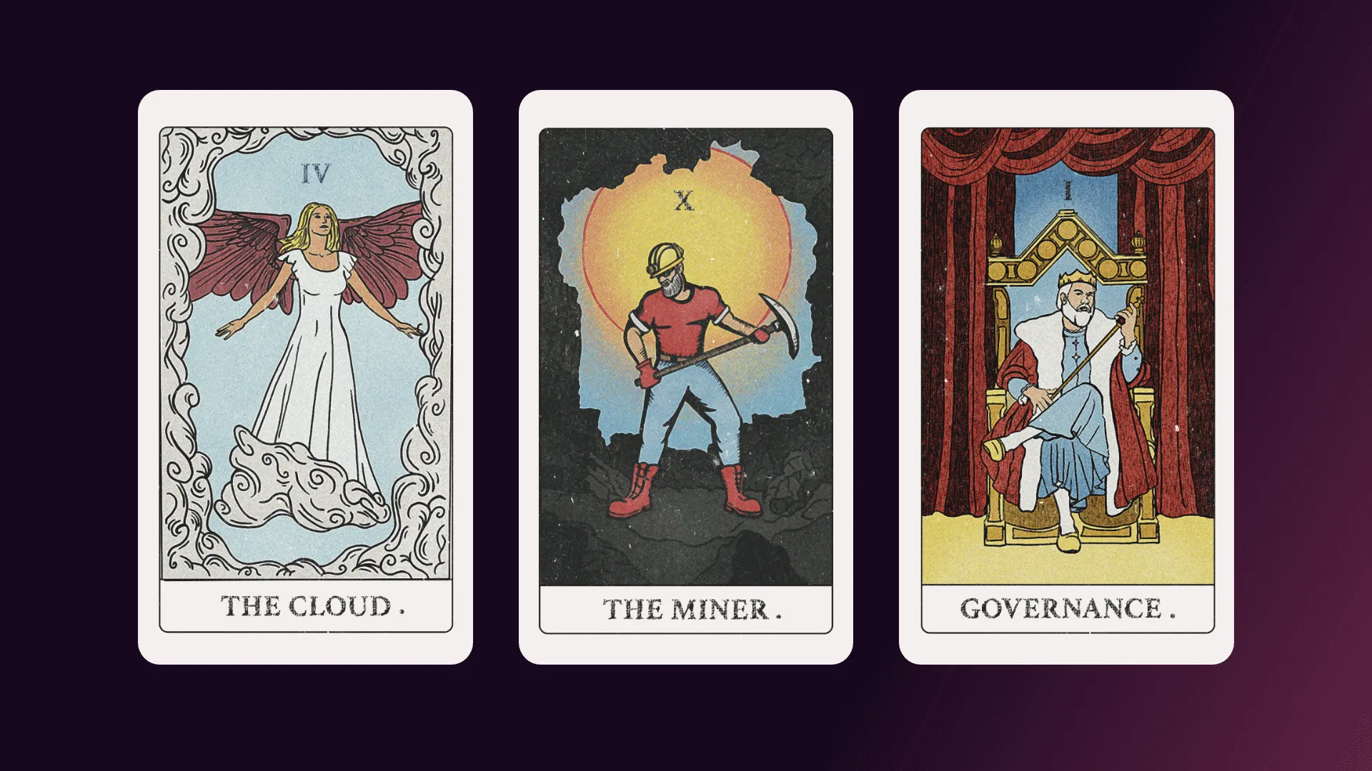 Three tarot-style cards labeled The Cloud, The Miner, and Governance, featuring an angelic figure with wings, a miner holding a pickaxe, and a king on a throne respectively.