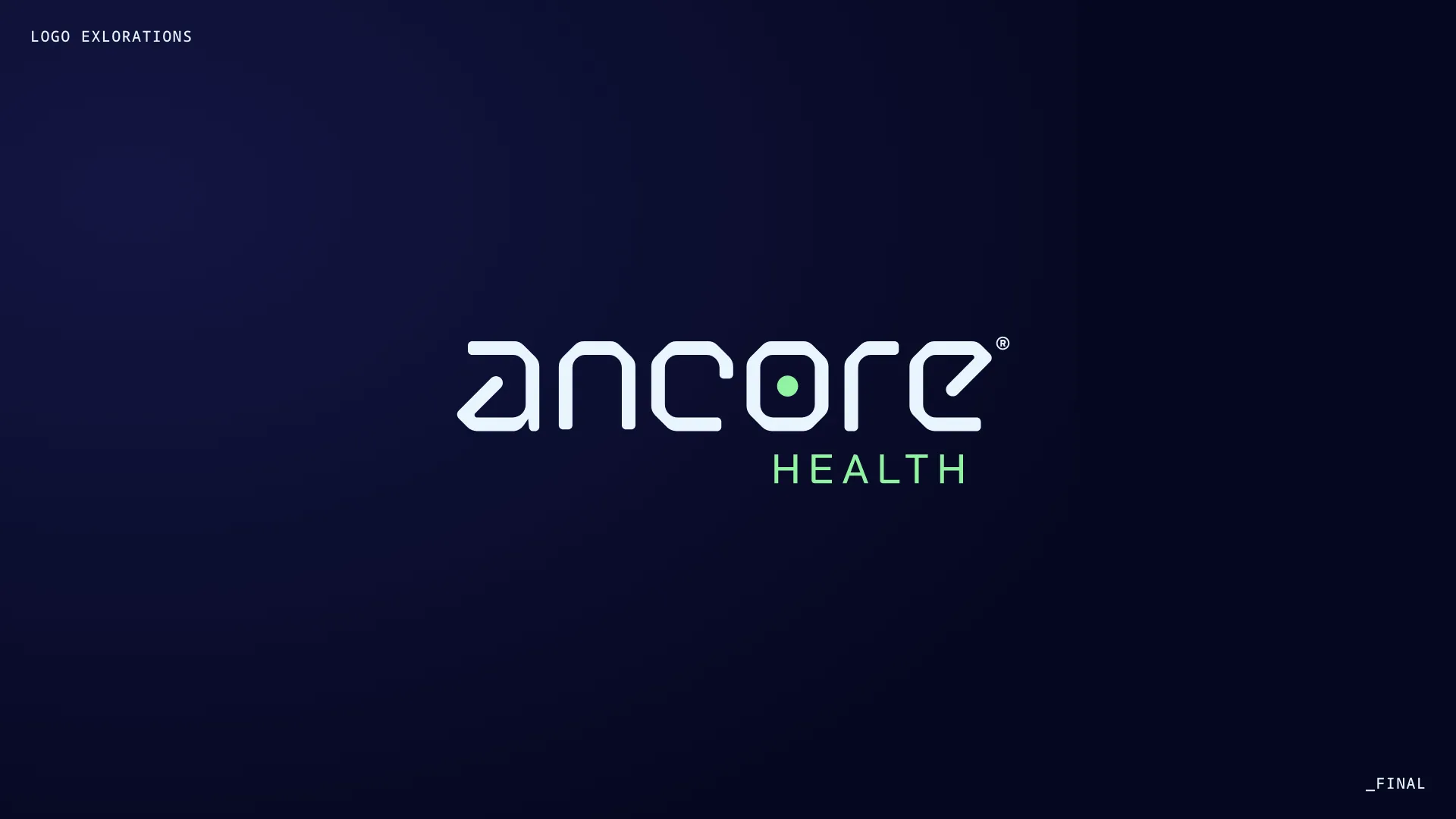Ancore Health logo with modern lowercase white letters and a green dot inside the letter 'o' on a dark blue background.
