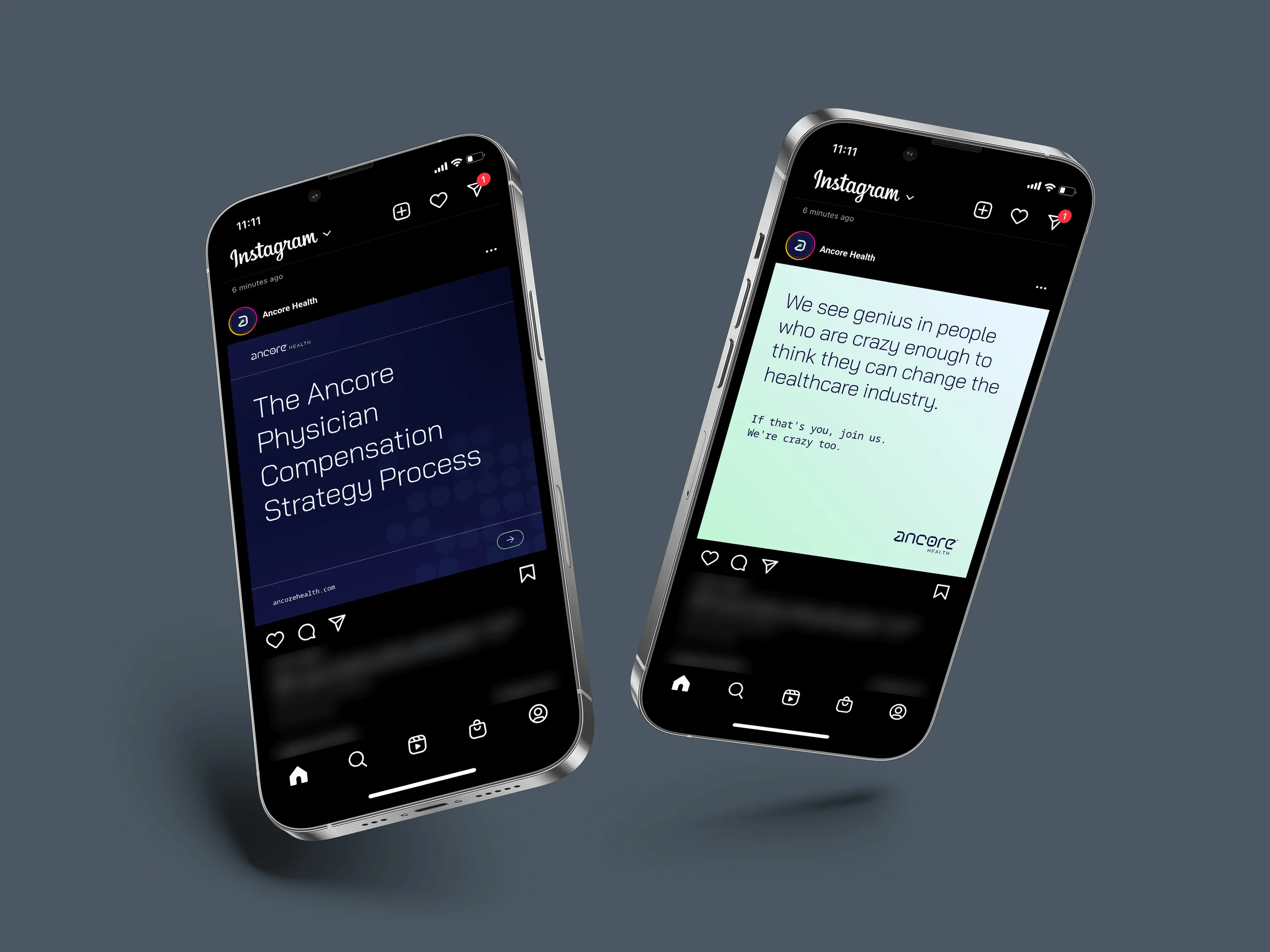 Two smartphones display Instagram posts from Ancore Health about physician compensation strategy and a call for innovative healthcare thinkers.