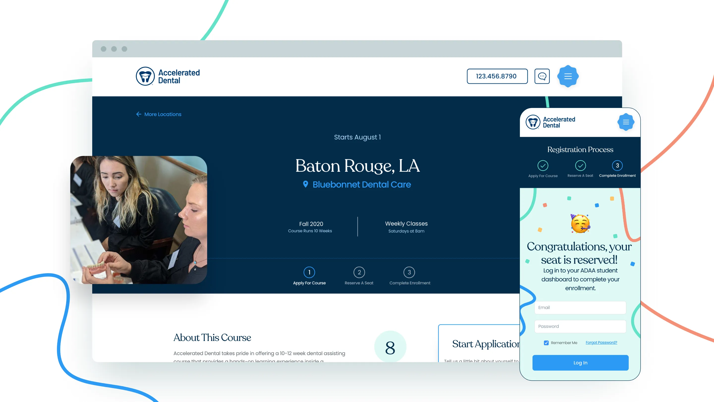 Website interface for Accelerated Dental showing Baton Rouge course details, registration steps, and a mobile view confirming a reserved seat.