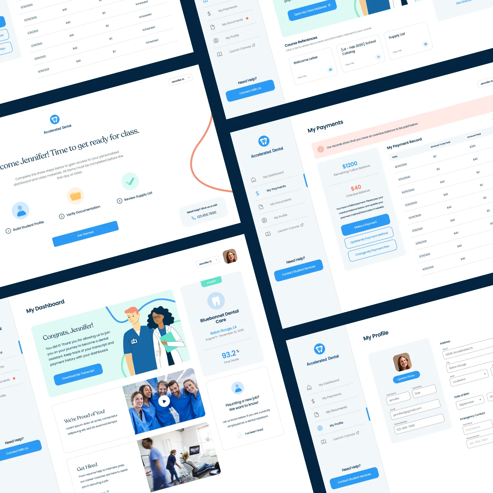 User dashboard interface for Accelerated Dental displaying welcome message, payment records, profile information, and course preparation steps.