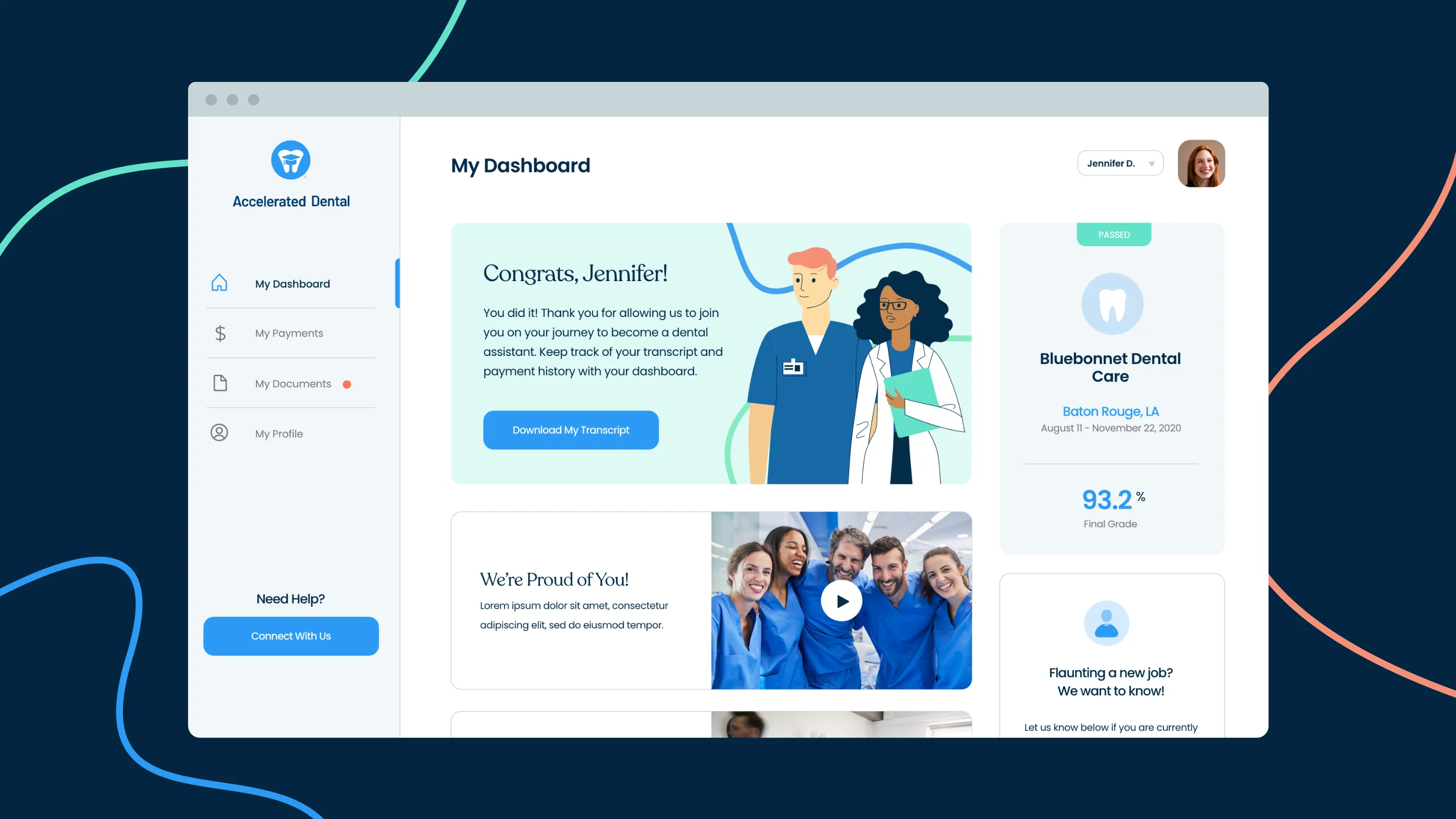 Dental assistant dashboard with congratulatory message, transcript download button, video thumbnail of smiling dental staff, and certification details for Bluebonnet Dental Care.