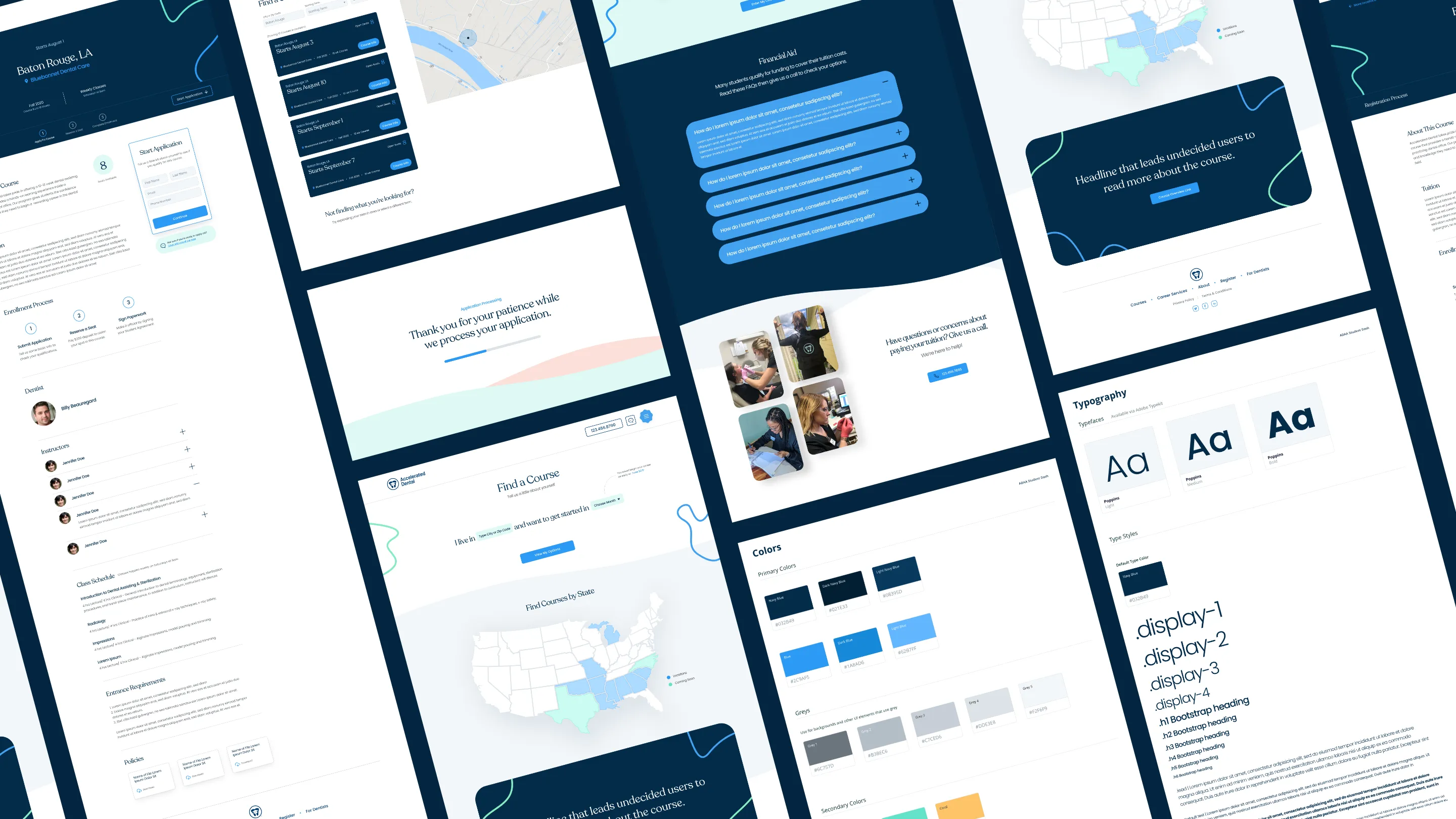 Collage of web pages displaying a course application portal, including a map of U.S. states, form fields, instructor profiles, FAQs, color palette, and typography examples.