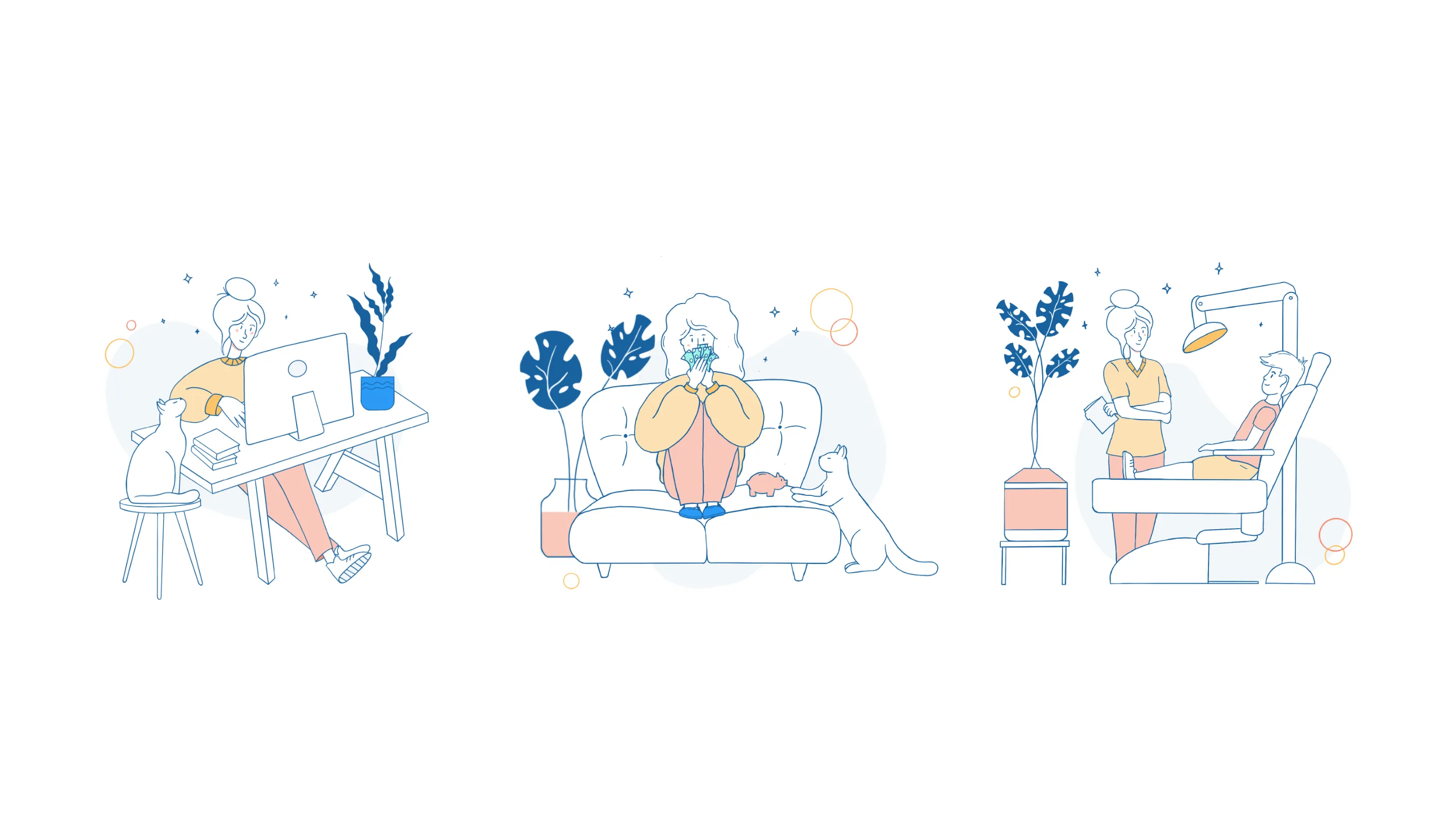 Three illustrations showing a woman working at a desk with a cat, a person sitting on a couch holding money with a cat nearby, and a woman standing beside a person reclining in a medical chair.