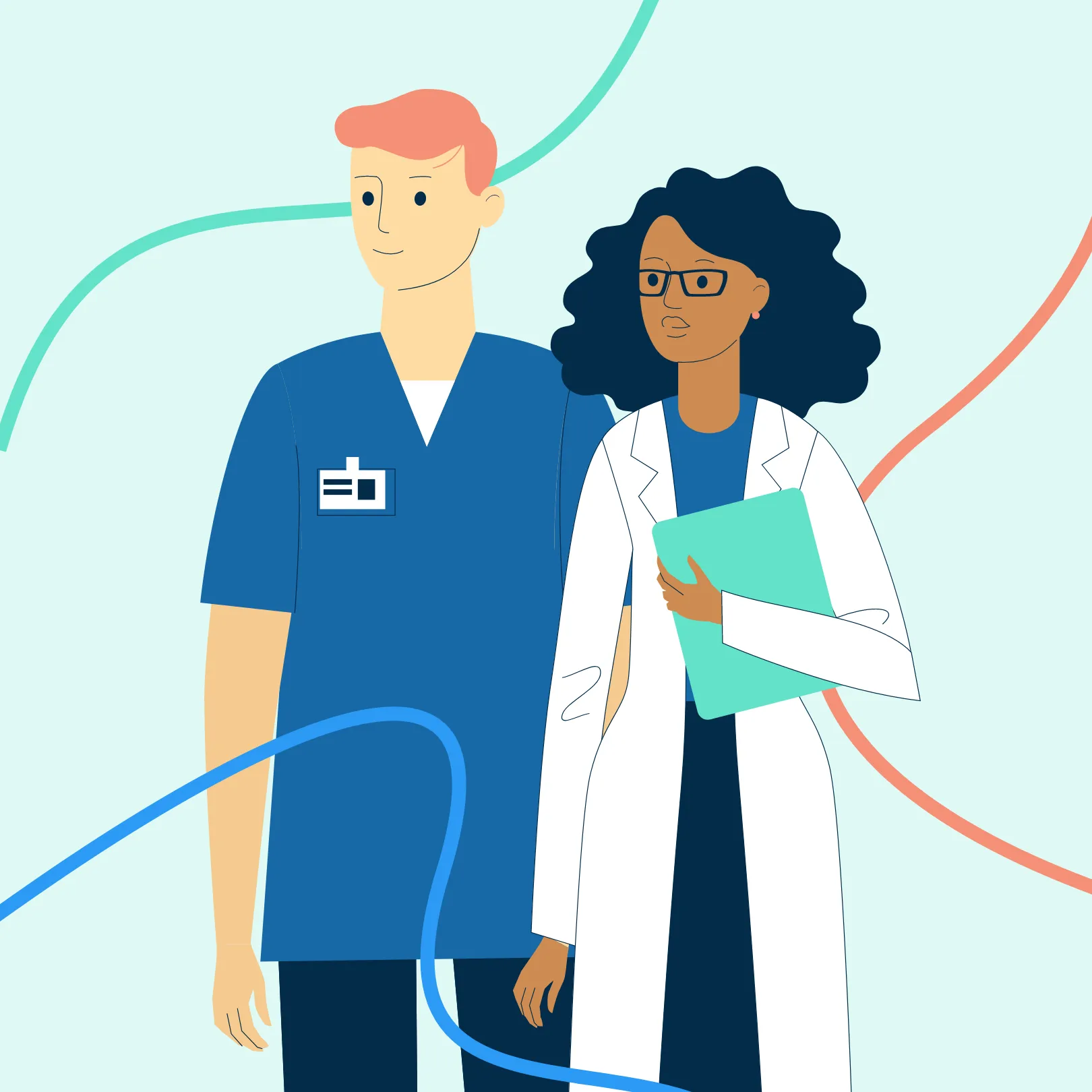Illustration of a male nurse in blue scrubs and a female doctor in a white coat holding a clipboard.