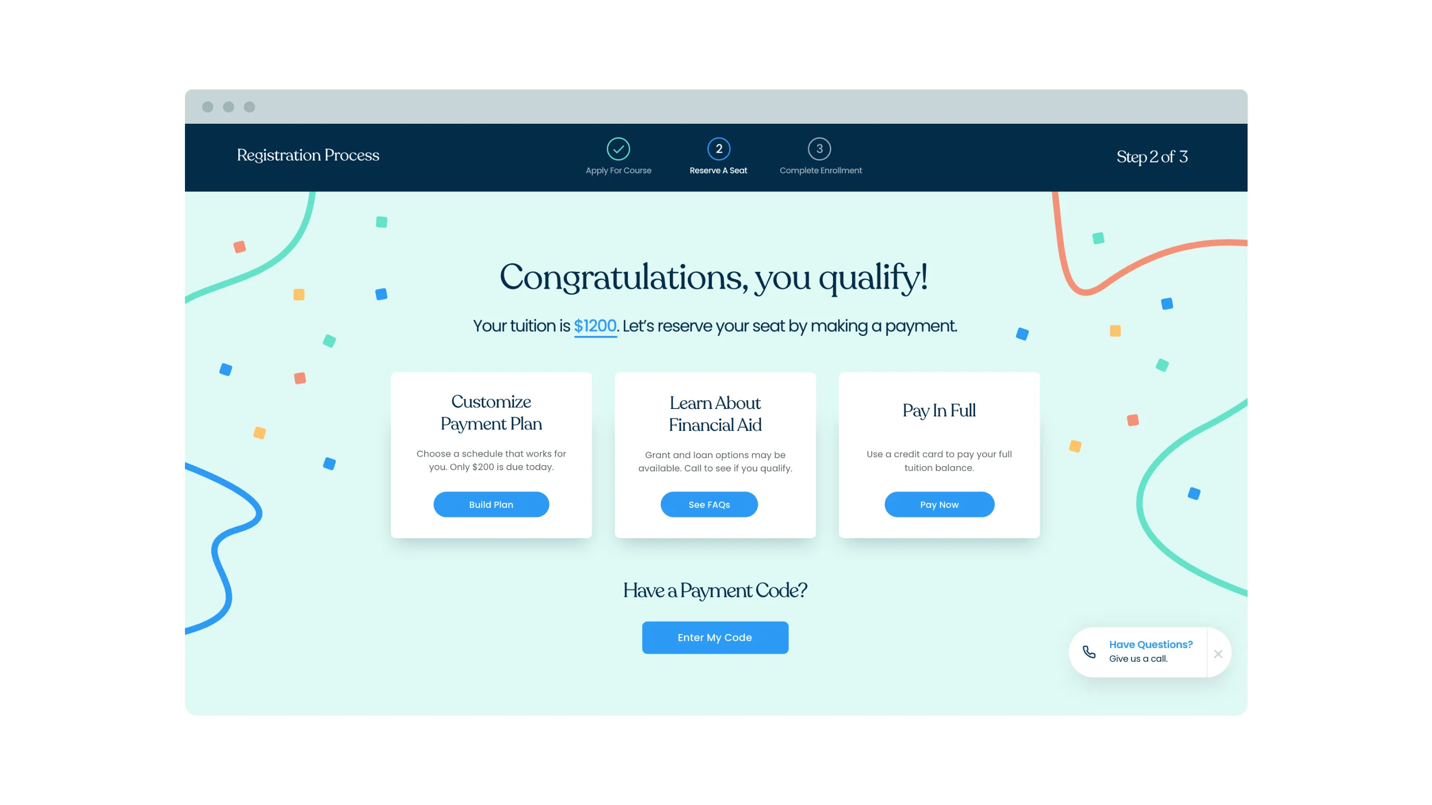 Online registration page showing step 2 of 3 with options to customize payment plan, learn about financial aid, or pay tuition in full for $1200.