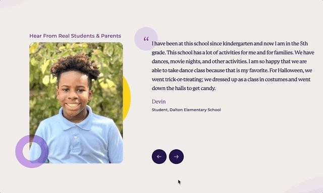 Smiling boy in a light blue polo shirt outdoors with testimony about his positive school experience including dances and Halloween activities.