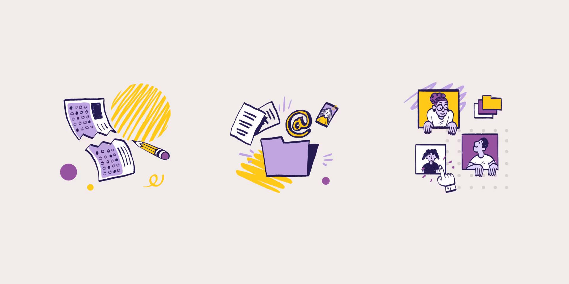 Three illustrations: torn paper with pencil, open folder with emails and photo, and a hand selecting one of three portraits with folders above.