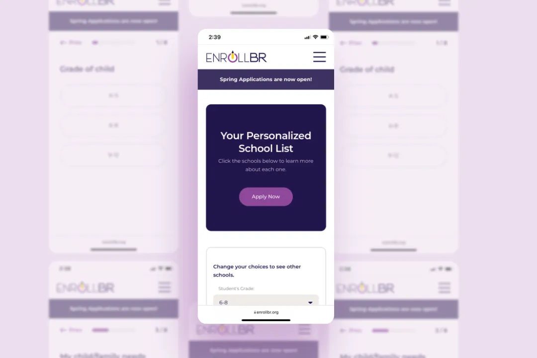 Mobile screen showing EnrollBR website with a personalized school list and an Apply Now button.