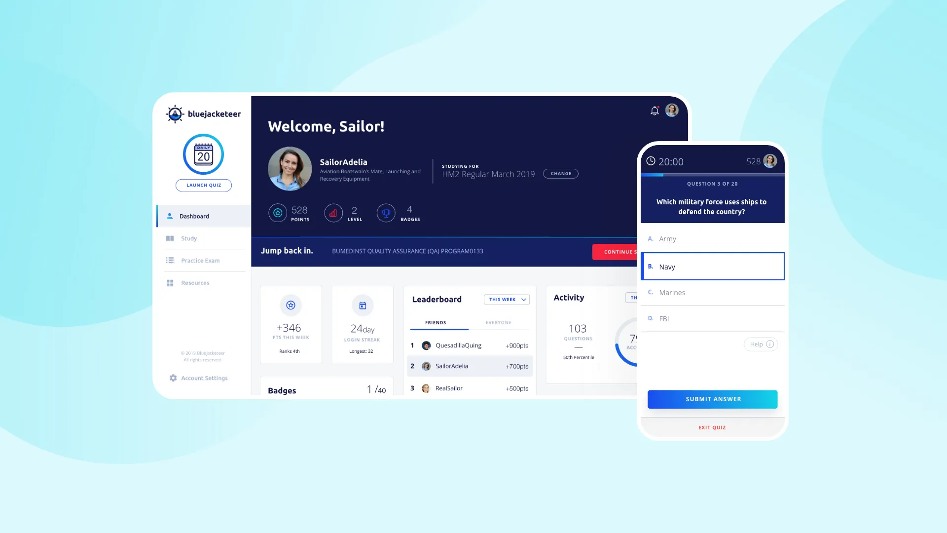 Digital dashboard and mobile quiz interface for a sailor named SailorAdelia showing points, badges, leaderboard, and a multiple-choice question about Navy ships.
