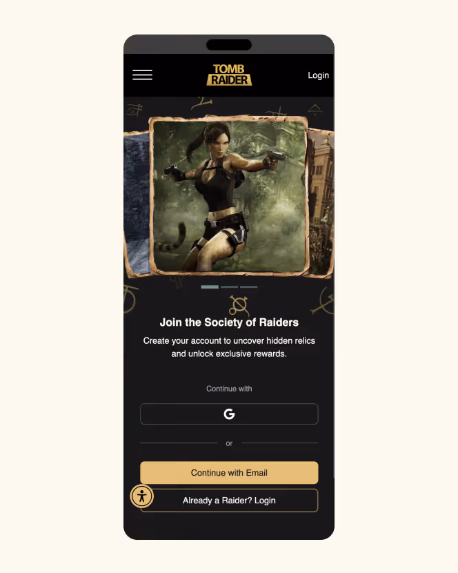 Mobile screen showing Tomb Raider login page featuring Lara Croft aiming dual pistols, with options to join the Society of Raiders via Google or email login.