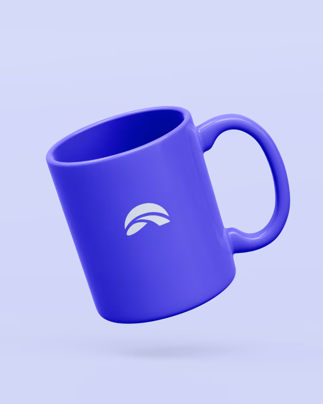 Blue ceramic mug with a white abstract logo floating above a light blue background.