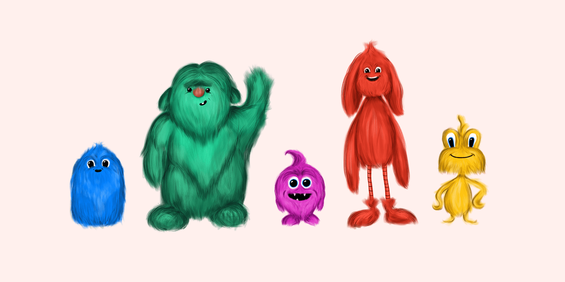 Five colorful furry creatures with big eyes and different shapes, standing in a row on a light background.