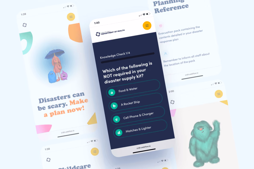 Mobile app screens showing a disaster preparedness quiz, safety tips, and friendly cartoon characters holding an umbrella and waving.