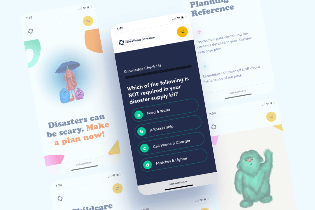 Mobile app screens showing a disaster preparedness quiz, safety tips, and friendly cartoon characters holding an umbrella and waving.