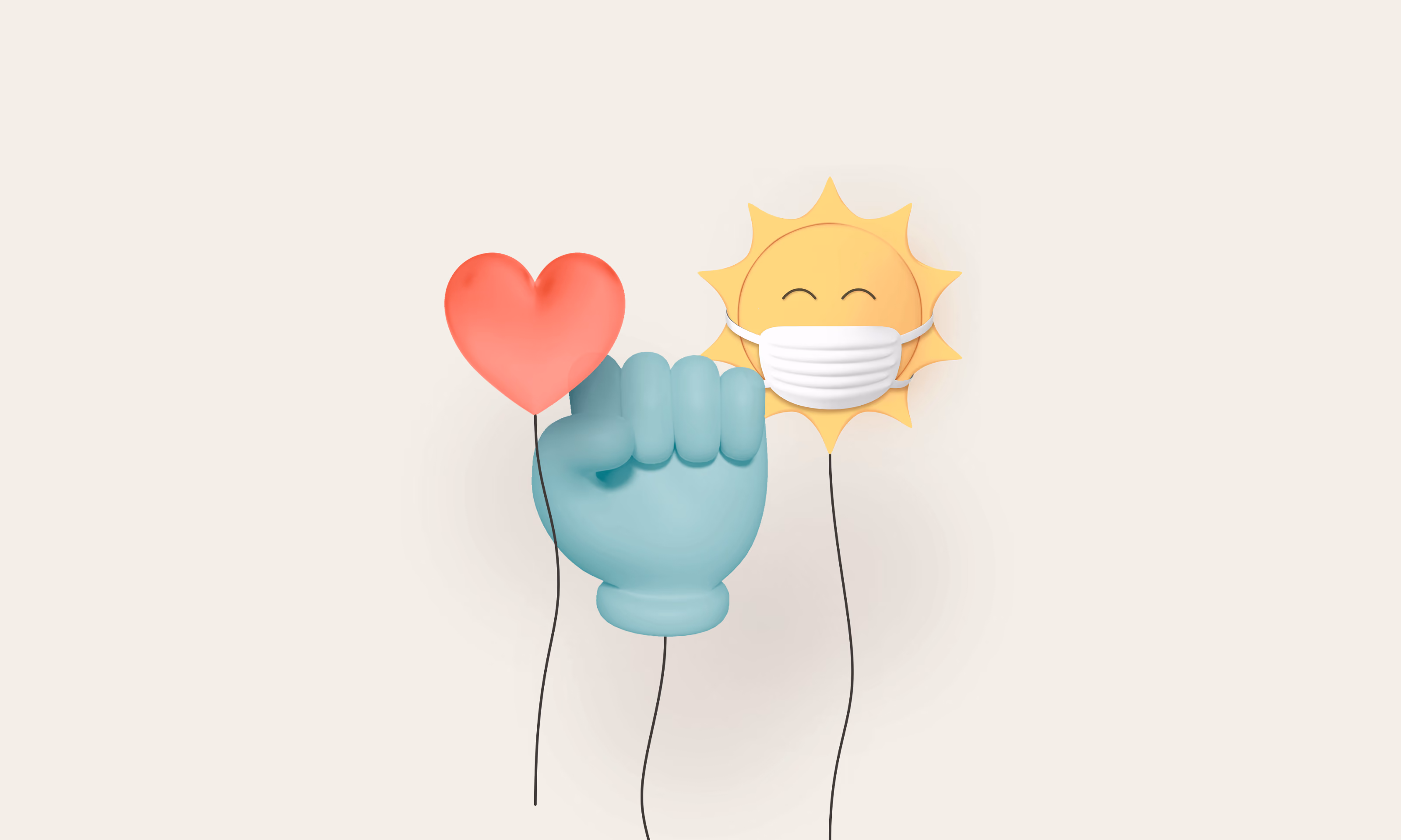 Three balloons: a red heart, a blue fist, and a smiling sun wearing a white face mask.