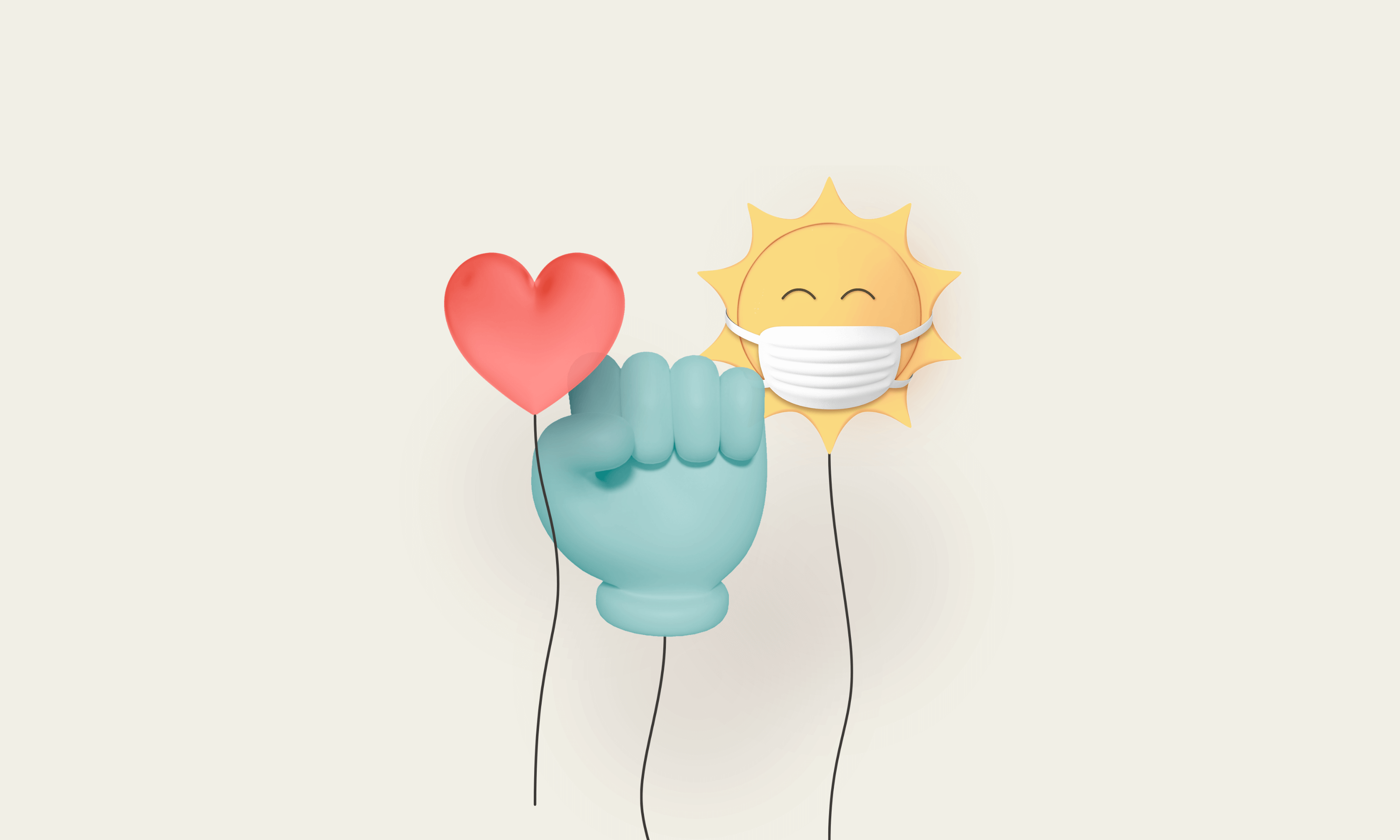 Three balloons: a red heart, a blue fist, and a smiling sun wearing a white face mask.