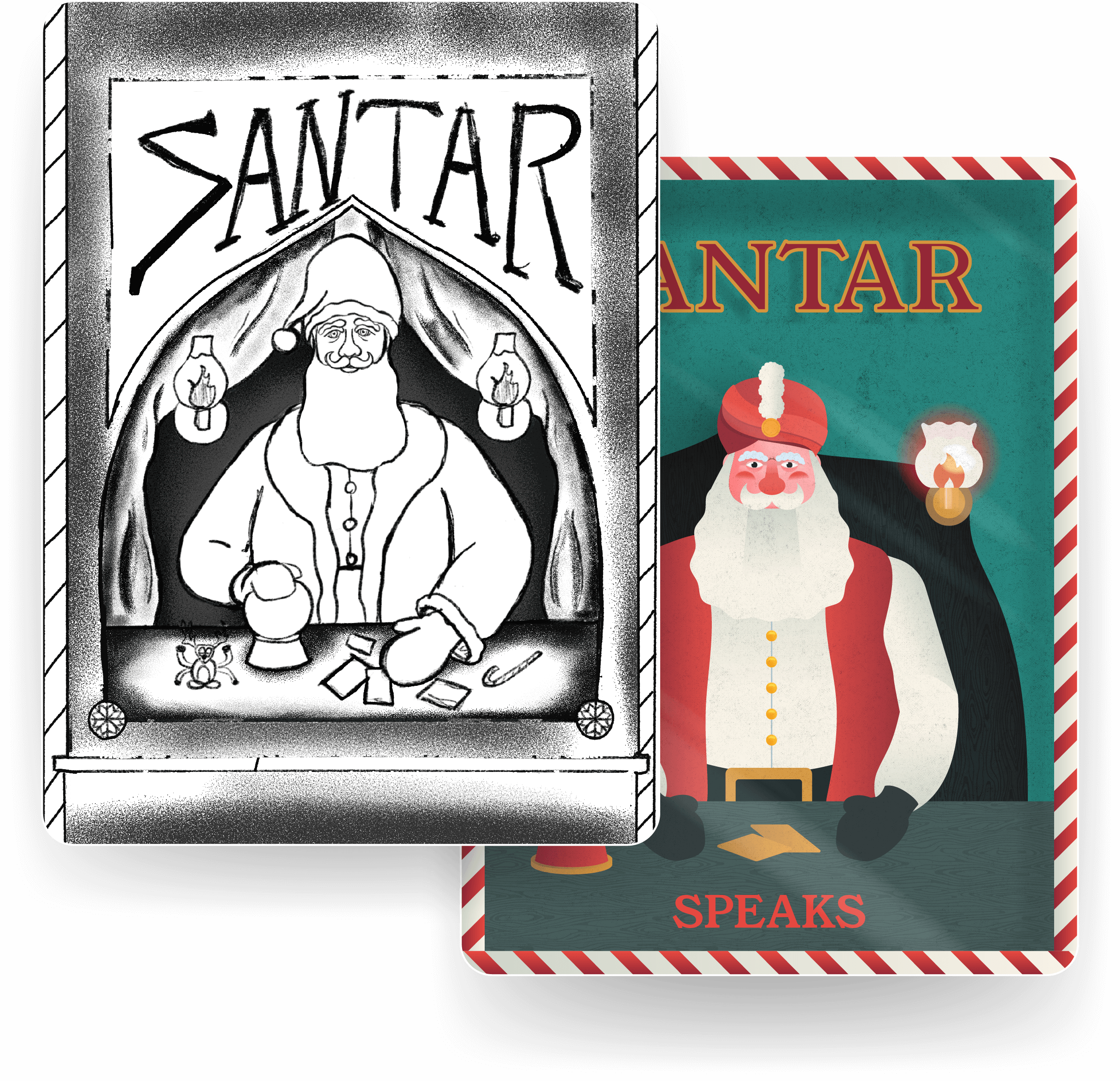 Two Santa Claus-themed cards, one black and white sketch with Santa at a table under a sign reading 'SANTAR,' and a colored card showing Santa seated at a table with letters and a lamp.