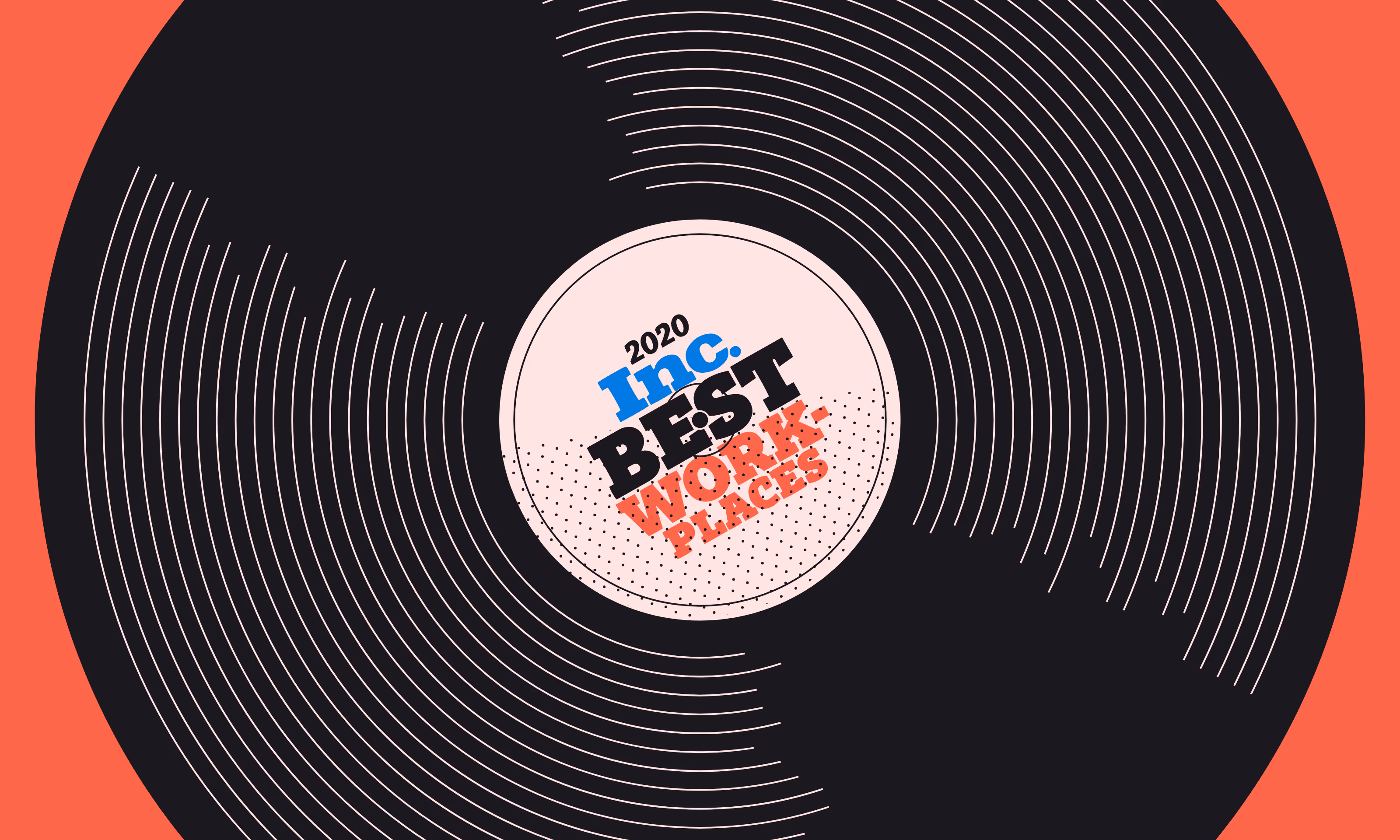 Black vinyl record with a 2020 Inc. Best Work Places label at center on a red background.