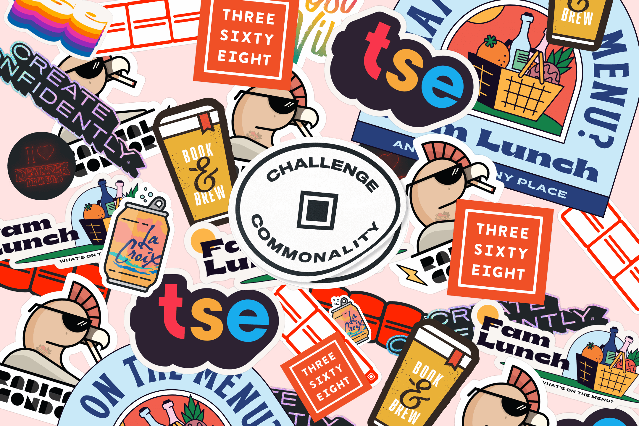 Collage of various colorful stickers including phrases like ‘Challenge Commonality’, ‘Three Sixty Eight’, ‘Create Confidently’, ‘Book & Brew’, and ‘Fam Lunch’, plus illustrations of people wearing sunglasses, drinks, and food baskets.