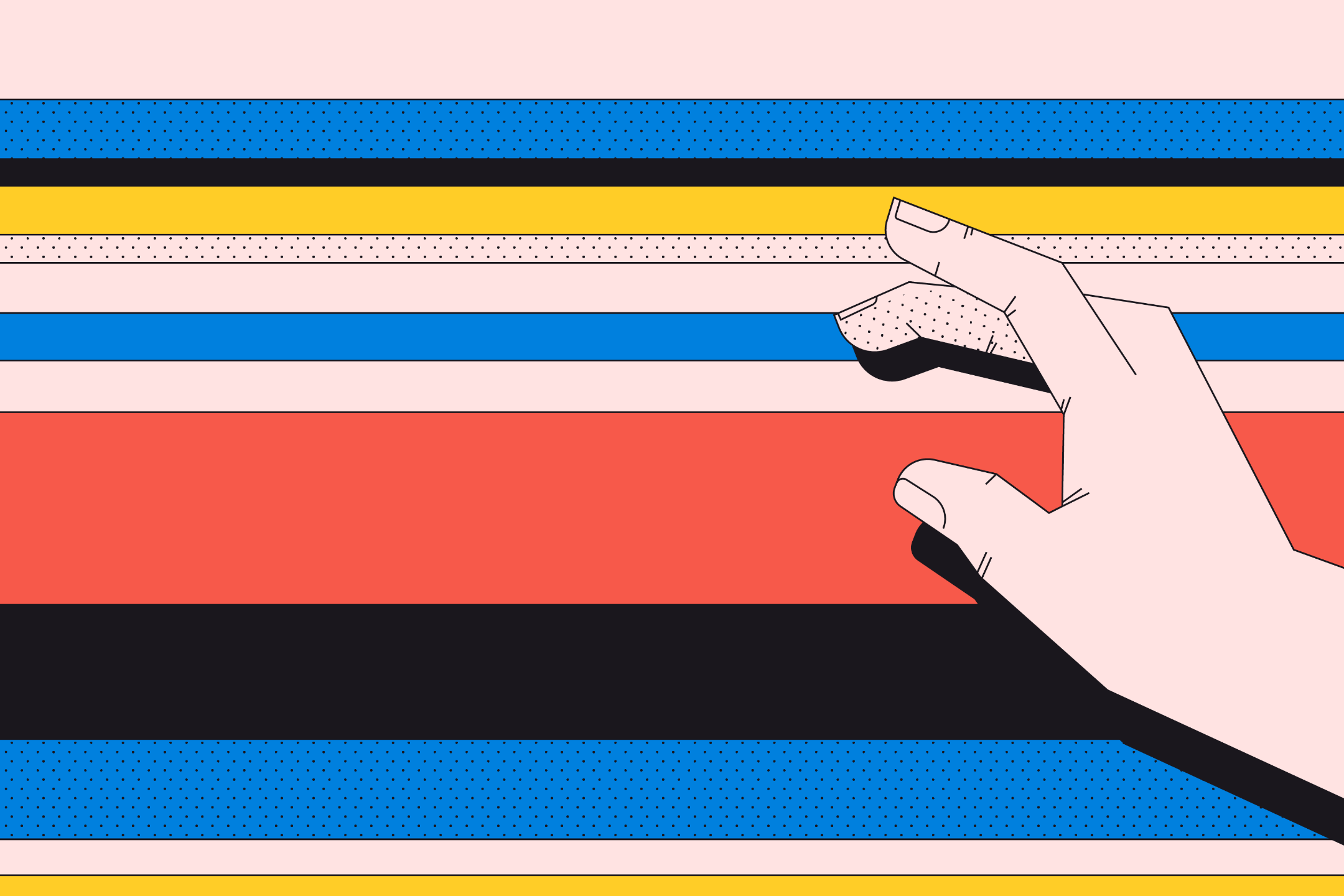 Illustration of a hand with thumb and index finger pinching on colorful horizontal stripes in blue, red, black, yellow, and pink.