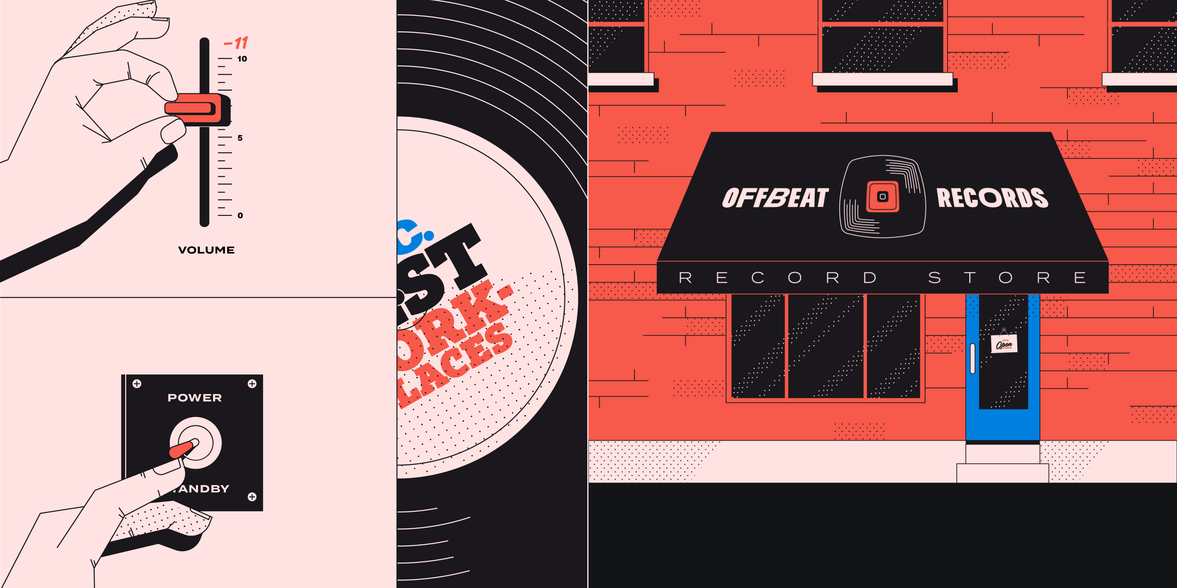 Illustration of a hand adjusting a volume slider, a hand pressing a power switch, a close-up of a vinyl record, and the storefront of Offbeat Records record store.