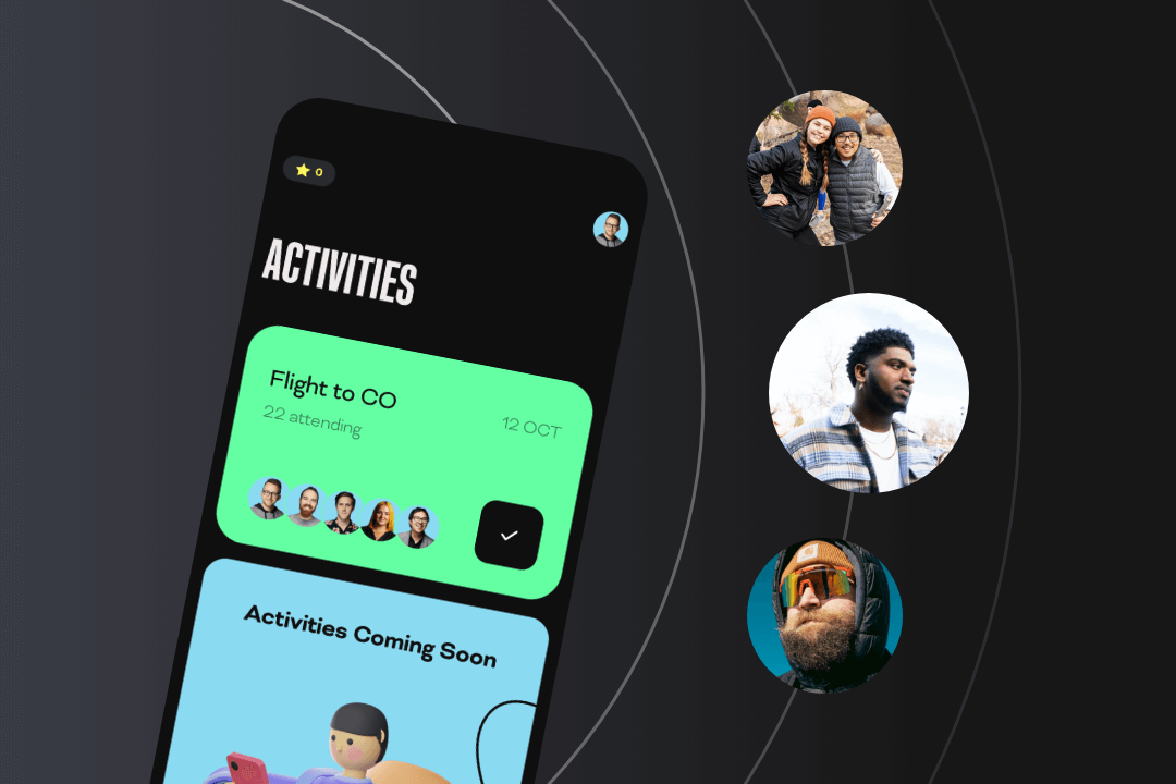 Mobile phone screen showing an activities app with a green card for 'Flight to CO' on October 12 with 22 attendees, along with circular profile pictures of people on a dark background.