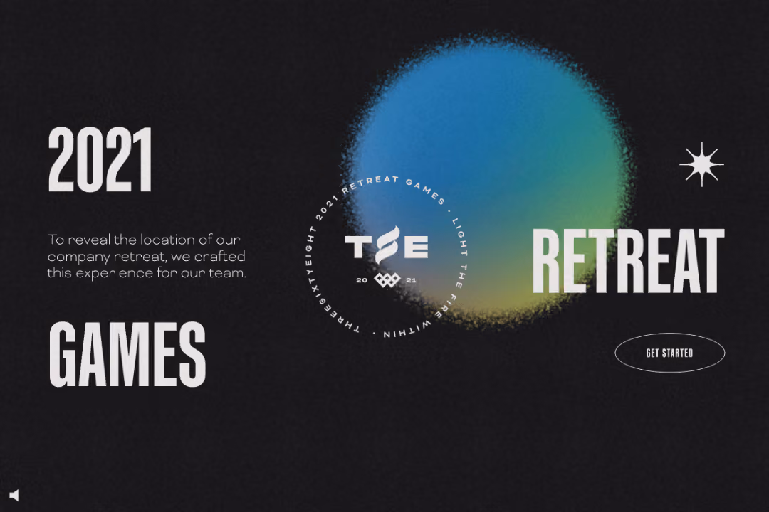 2021 Games Retreat company event invitation with a blue and green circular gradient and a get started button.
