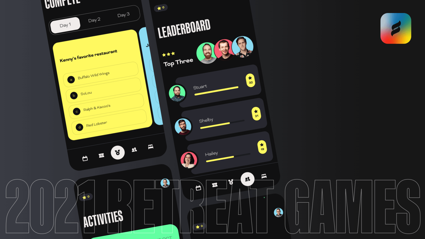 Mobile app interface showcasing a quiz with restaurant choices and a leaderboard with user scores.