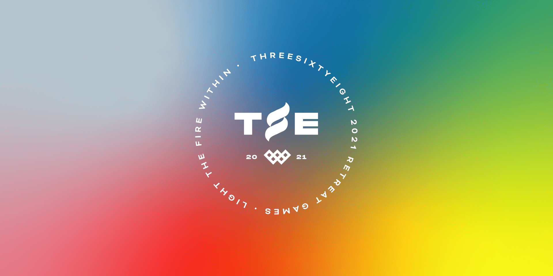 Circular logo with stylized letters T and E and the text 'THREESIXTYEIGHT 2021 RETREAT GAMES LIGHT THE FIRE WITHIN' around it on a colorful gradient background.