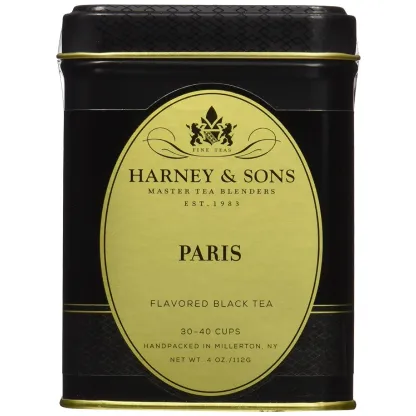 Black and gold tin of Harney & Sons Paris flavored black tea.