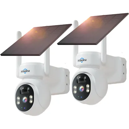 Two white Hiseeu solar-powered security cameras with black solar panels on top.