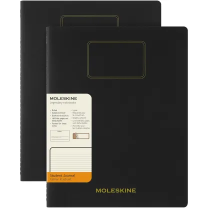 Two black Moleskine student journals.
