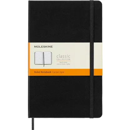 Black hardcover Moleskine classic collection ruled notebook.