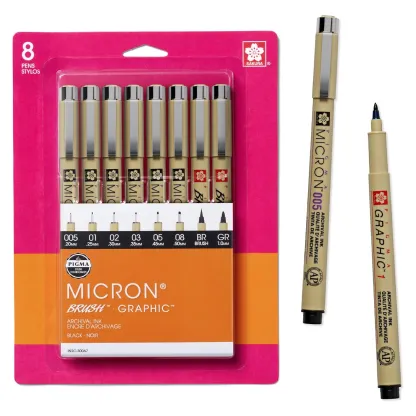 Set of 8 Sakura Pigma Micron Brush Graphic pens in various sizes.