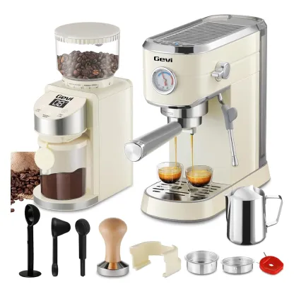Electric espresso machine and coffee grinder set and additional accessories.