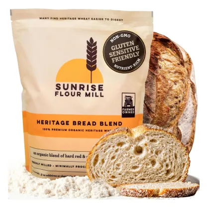 Bag of Sunrise Flour Mill Heritage Bread Blend organic flour.