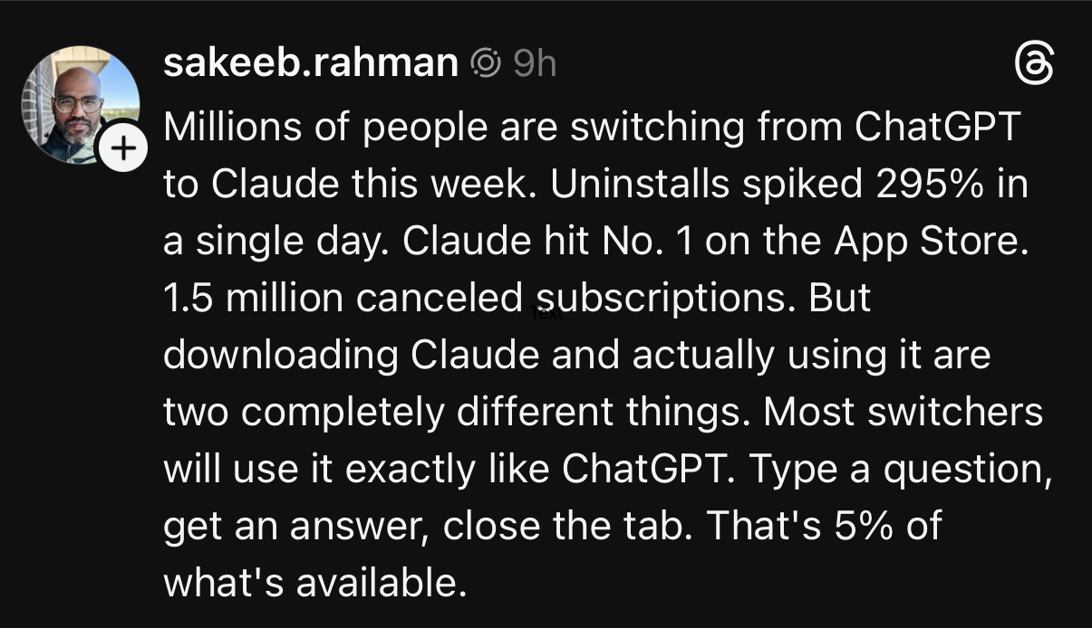Millions of people are switching from ChatGPT to Claude this week. Uninstalls spiked 295% in a single day. Claude hit No. 1 on the App Store. 1.5 million canceled subscriptions.