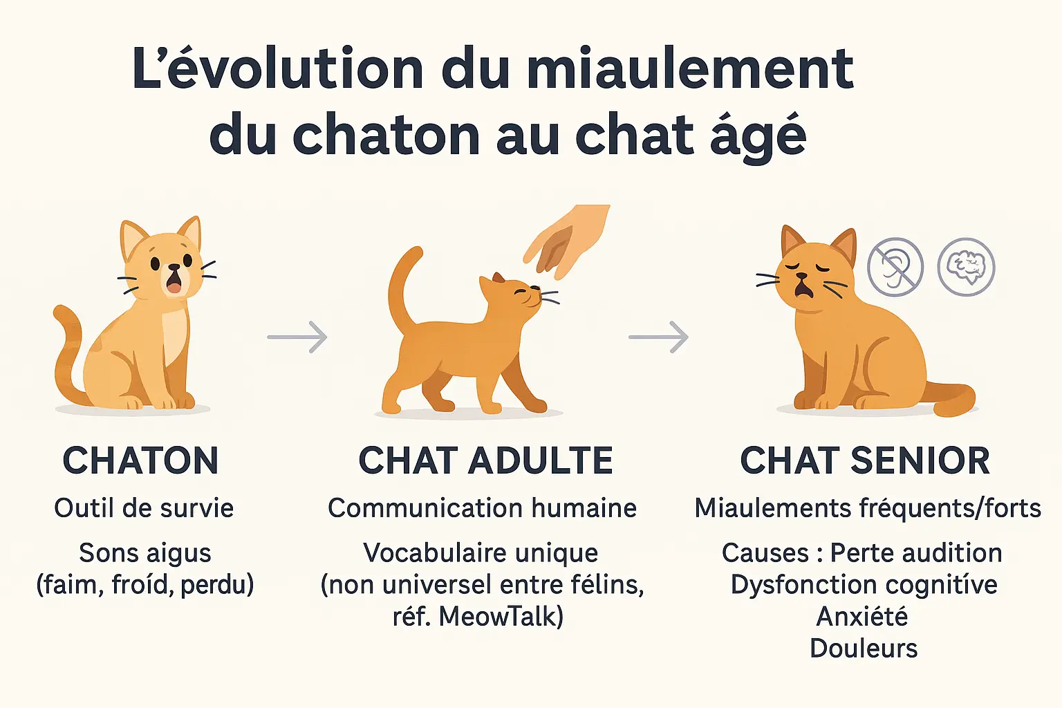 Illustration de l'évolution du miaulement du chaton au chat âgé