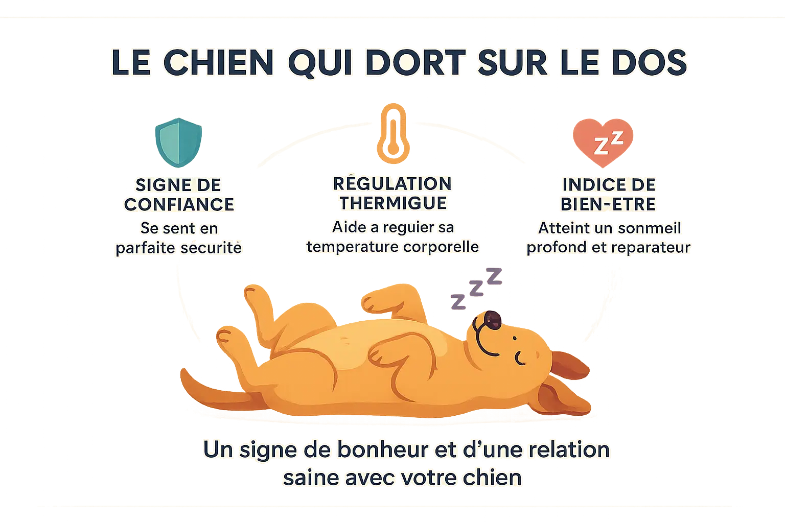 Chien dormant sur le dos, pattes en l'air, <strong>illustrant sa détente</strong>
