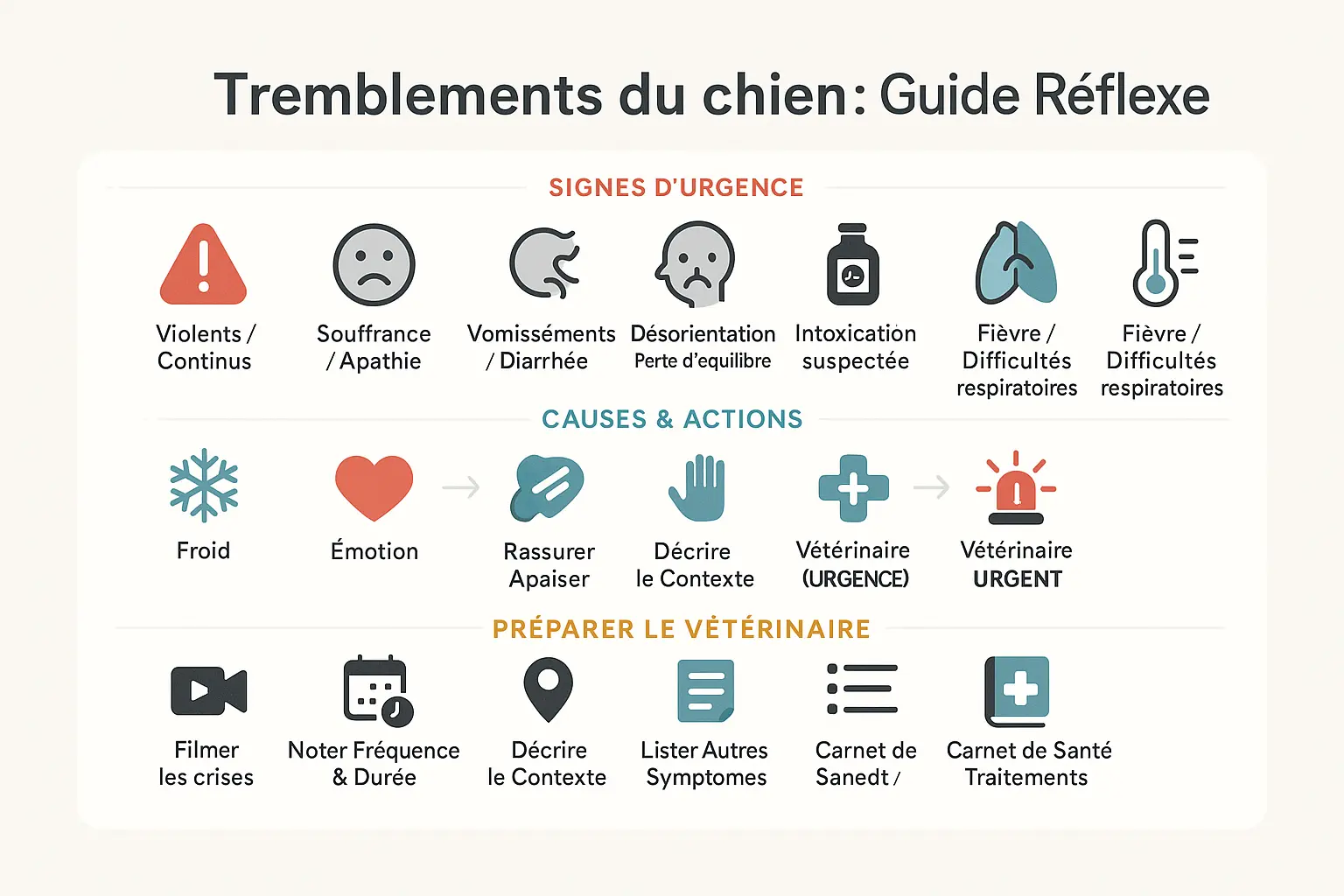 Chien stressé et tremblant sur fond clair avec éléments de premier secours
