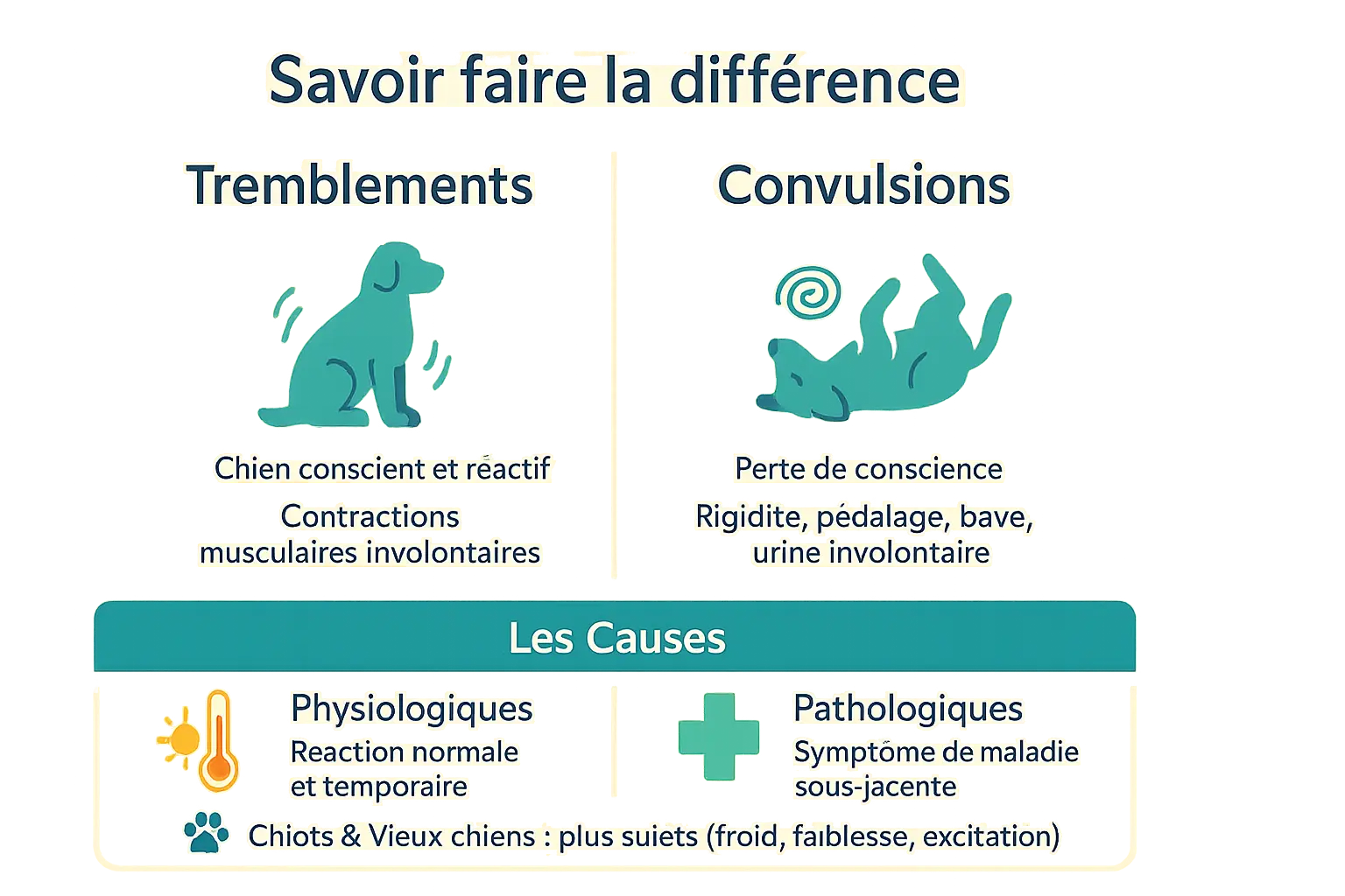 Tremblements et convulsions chez le chien, schéma comparatif
